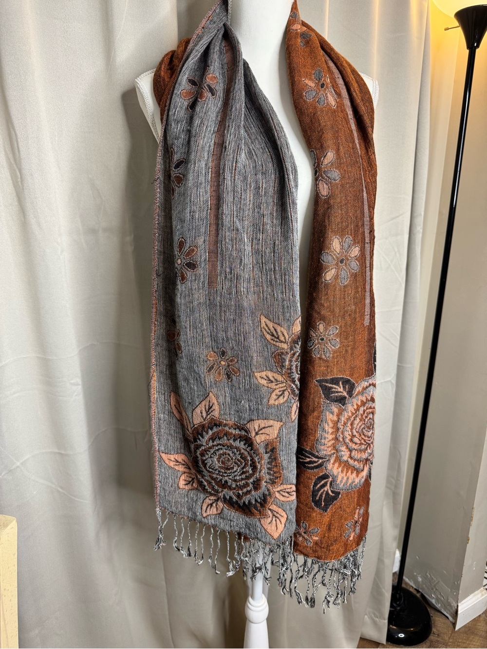 Reversible Floral Fringe Scarf Brown Gray Wrap Shawl 28x72 Boho - Picture 9 of 12
